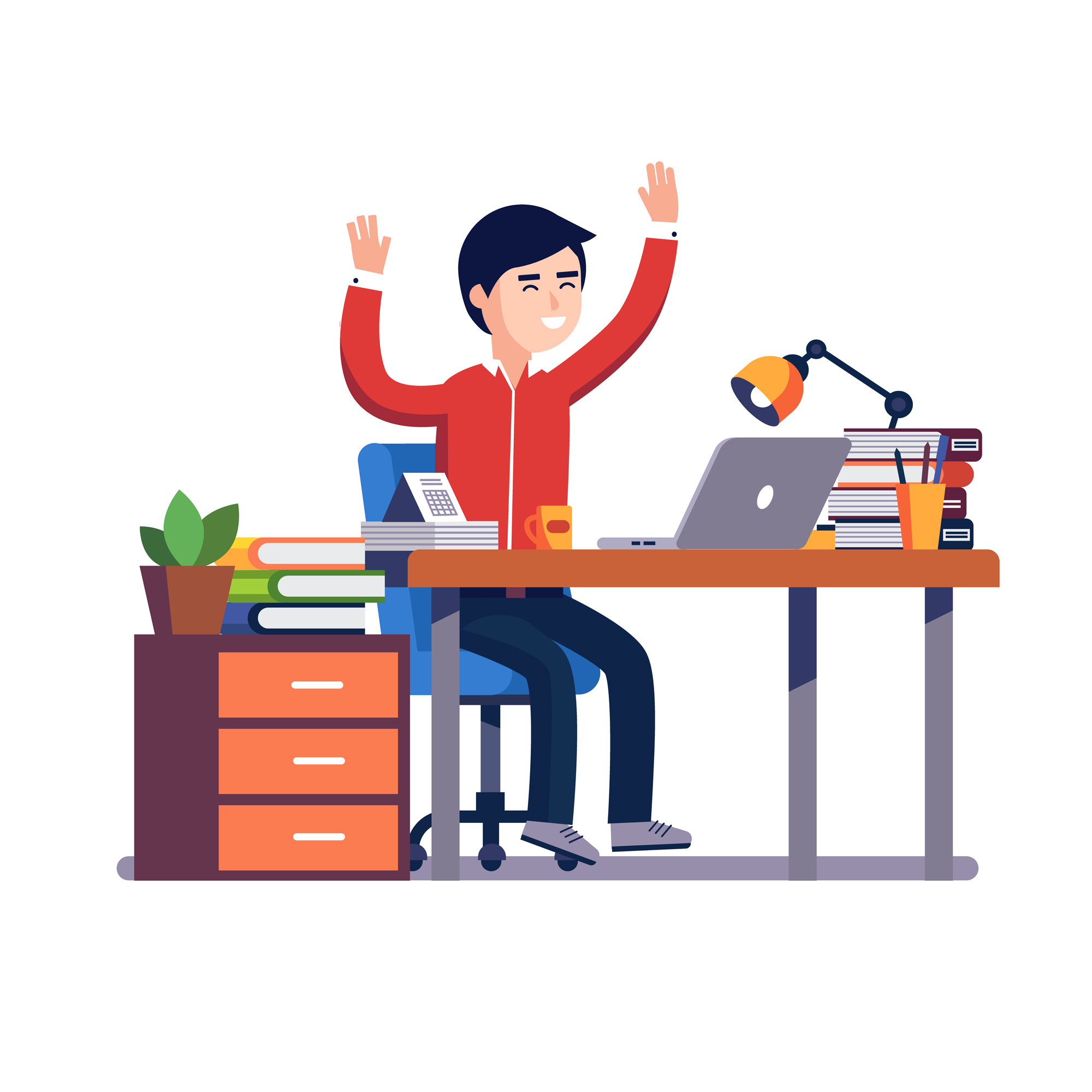 Business man sitting at the office desk with a laptop raises up hands in winner gesture celebrating working achievement or breakthrough. Flat style vector illustration isolated on white background.